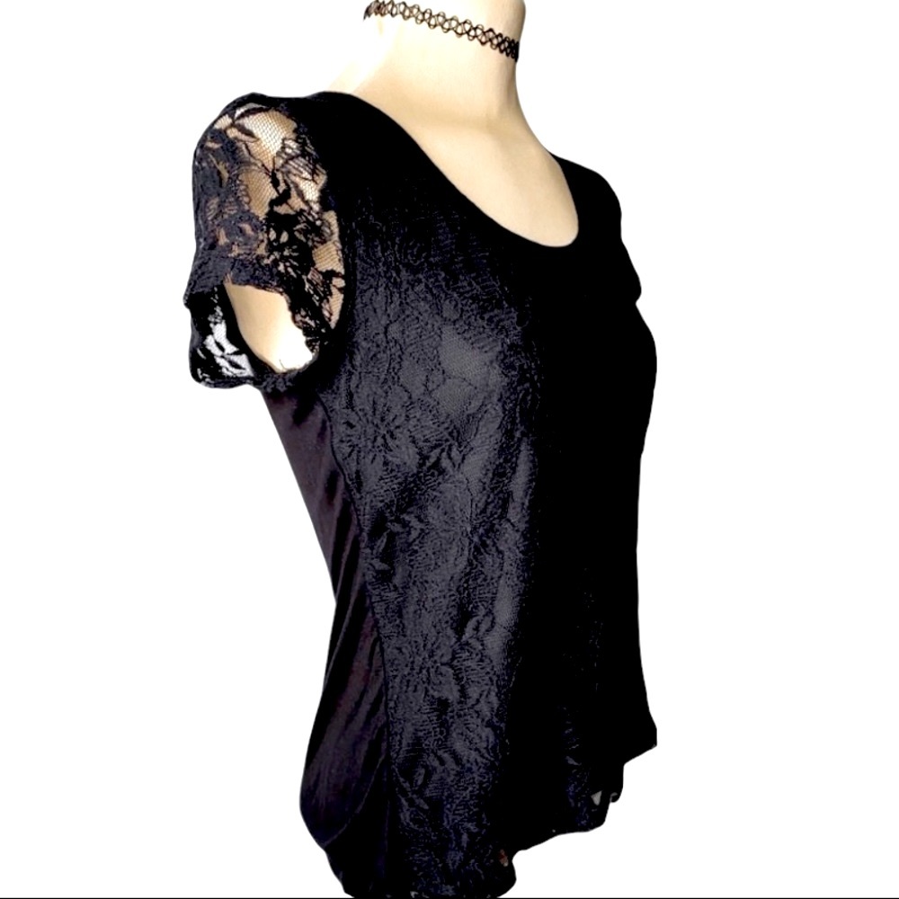 APT 9 90s Vintage Whimsigoth lace overlay romantic cap sleeve top black PM